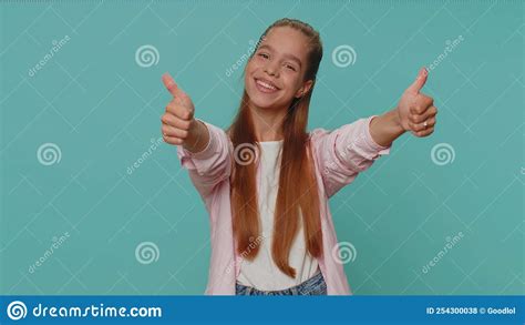 Girl Raises Thumbs Up Agrees Or Gives Positive Reply Recommends