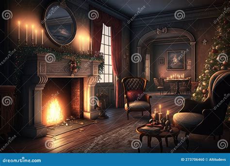 A Living Room, with a Roaring Fire in the Fireplace, and Festive ...