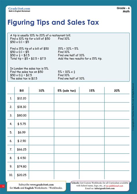 Tax And Tip Word Problems Worksheets