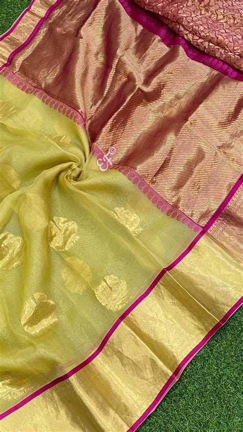 Kanchi Organza Sarees With Allover Peacock Weaving Mottifs Contrast