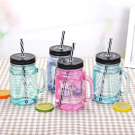 Wholesale 16oz 490ml Glass Drinking Jar Wide Mouth With Handle And Straw High Quality Glass