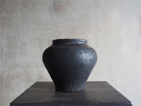 Black Clay Planter Wabi Sabi Pottery Primitive Vessel Old Black Clay