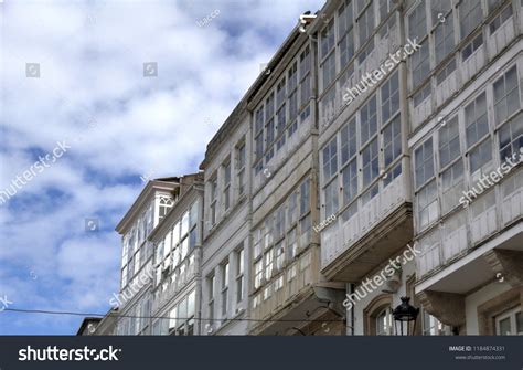 Typical Galician Galerias White Enclosed Balconies Stock Photo