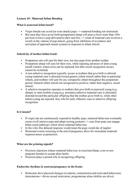 Lecture 10 Lecture 10 Maternal Infant Bonding What Is Maternal