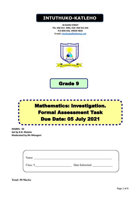 Grade 9 Investigation June 2021 Reduced TEL 058 913 2985 FAX 058