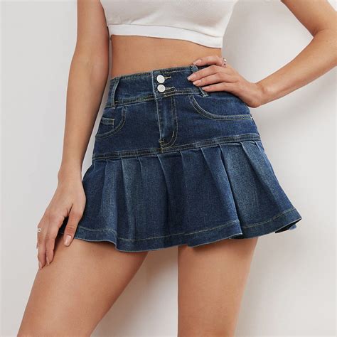 SHEIN Jean brut Jean Unicolore Plissé Haute extensibilité Jupes en