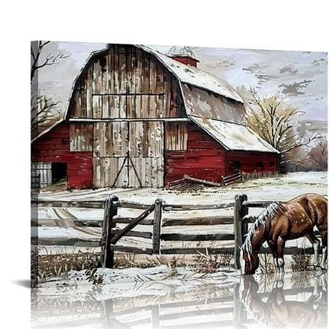 Comio Rustic Farmhouse Canvas Wall Art Red Barn Pictures Windmills