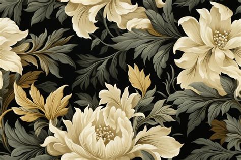 Premium Photo | There is a black and white floral wallpaper with gold ...