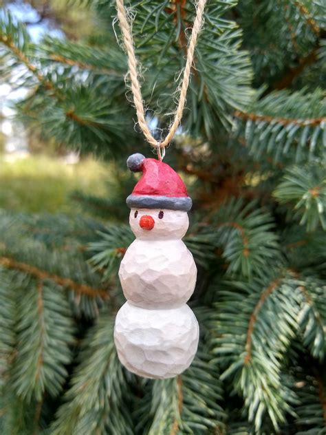 Hand Carved Snowman Wooden Ornament Cute Snowman Hand Etsy