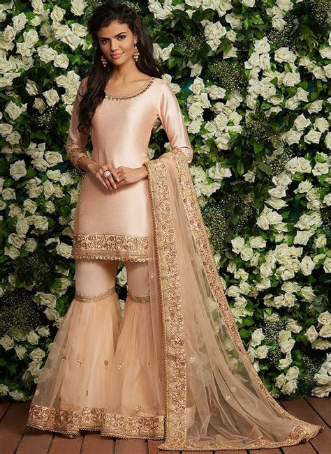 Light Peach Embroidered Gharara Suit Bollywood Style Dress Indian