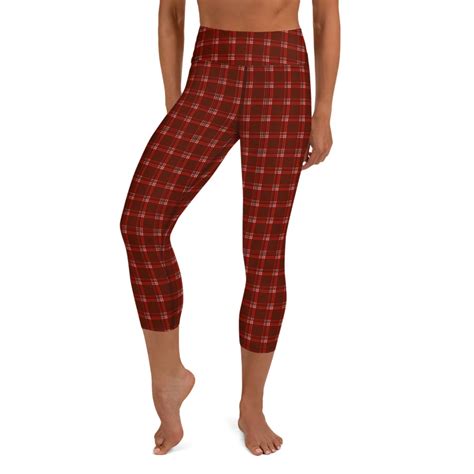 Dark Red Plaid Capri Leggings Traditional Tartan Print Yoga Capris Tights Made In Usa Eu