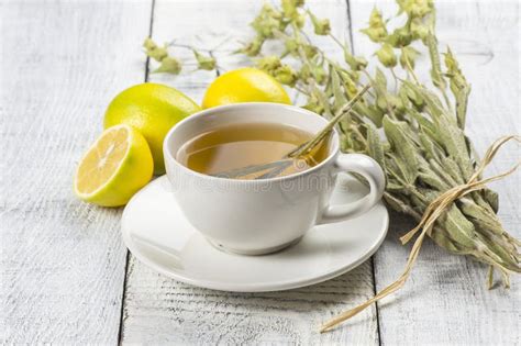 White Cup Of Herbal Sage Tea With Dried Sage Leaves And Lemon On White