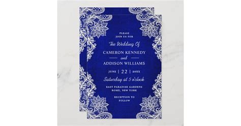 Stylish Floral Lace Royal Blue Wedding Invitation Zazzle