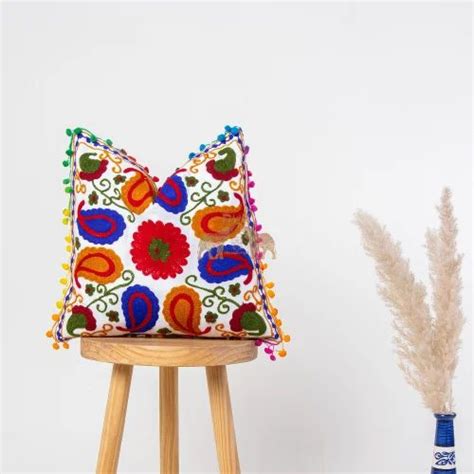 Indian Handmade Floral Embroidery Pillow Cases Cotton Square Suzani