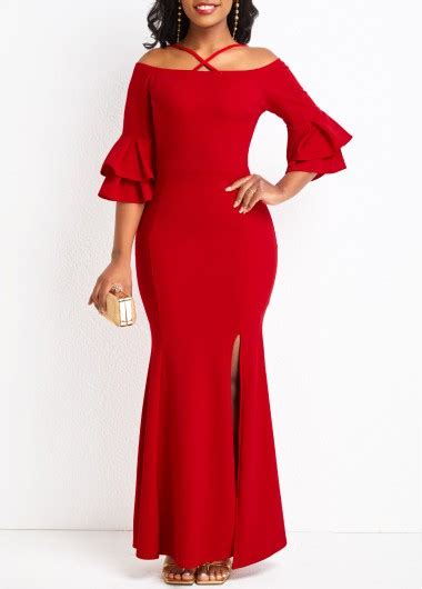 ROTITA Criss Cross Red Off Shoulder Bodycon Maxi Dress Rotita