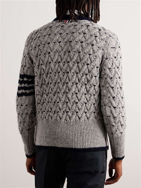 Thom Browne Slim Fit Striped Cable Knit Wool And Mohair Blend Sweater