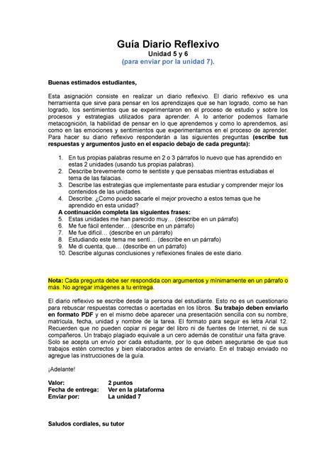 Gu A Diario Reflexivo Unidades Y Gu A Diario Reflexivo Unidad