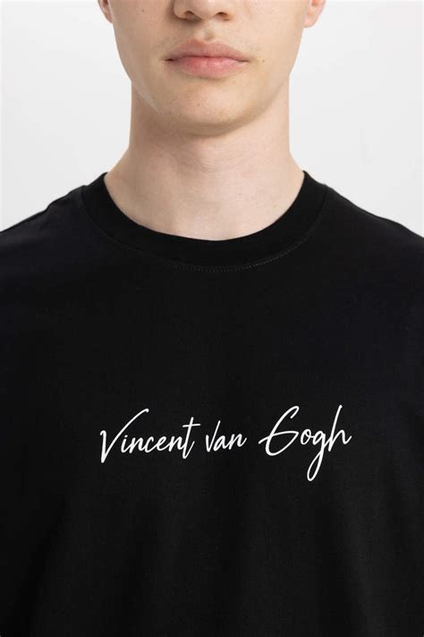 Black MAN Comfort Fit Van Gogh Licensed Crew Neck Printed T Shirt