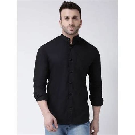 Cotton Plain Mens Chinese Black Collar Shirt Machine Wash Size 38 44