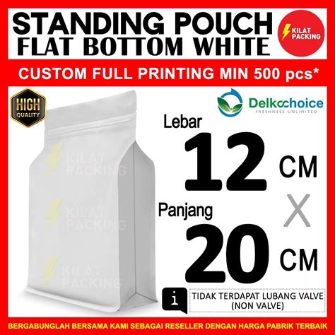 Jual STANDING POUCH KEMASAN FLAT BOTTOM PUTIH NON VALVE PLASTIK KLIP