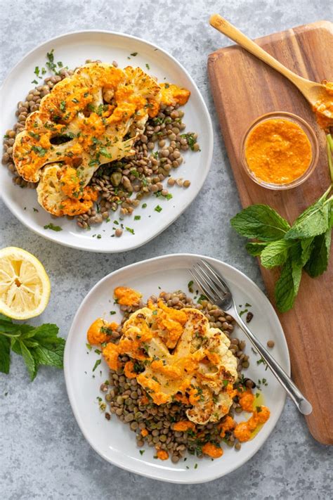 Cauliflower Steak With Lentils Red Pepper Sauce Meals With Maggie