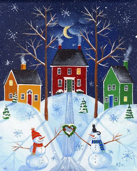 Snow Village Folk Art Print Christmas Art Cottage Art Christmas