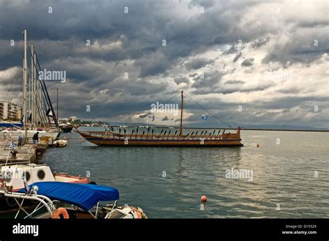 Ancient Greek Ship Trireme Replica At Volos City In Greece Stock