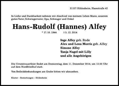 Traueranzeigen Von Hans Rudolf Hannes Alfey Trauerportal Hildesheimer