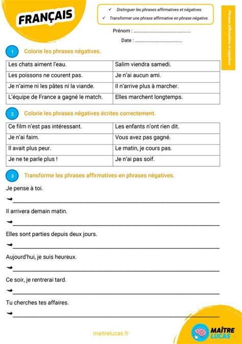 Exercices Phrases Affirmatives Et N Gatives Ce Ce Ma Tre Lucas