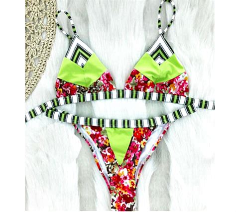 Fashion Sexy Straps Print Flower Stripe Splicing Straps Two Piece Bikini On Luulla