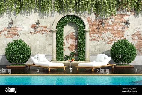 Classical Garden With Pool Two Chaise Lounge And Lush Vegetation 3d