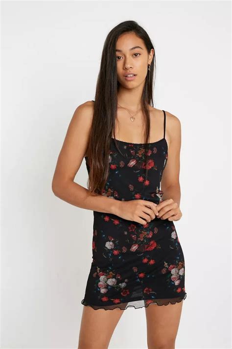 Uo Cynthia Dark Floral Mesh Mini Dress Urban Outfitters