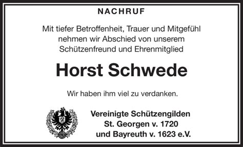 Traueranzeigen Von Horst Schwede Nordbayerischer Kurier