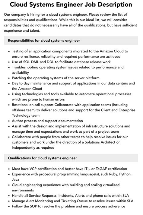 Cloud Systems Engineer Job Description Velvet Jobs