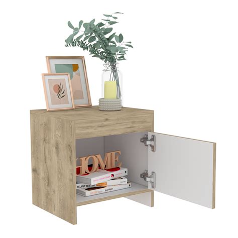 Mesa De Noche Tutto Macadamia Y Blanco Con Cajón Para Guardar Objeto