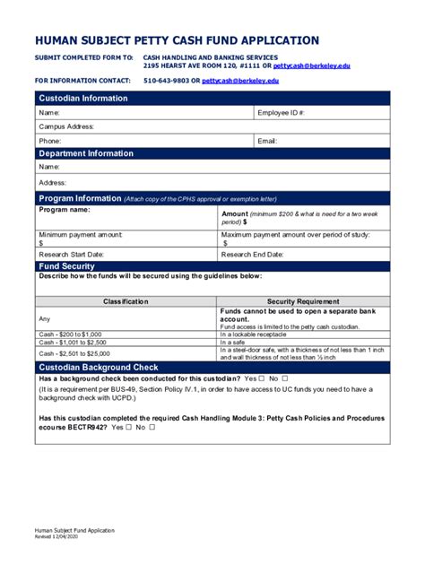 Fillable Online Controller Berkeley Human Subject Petty Cash Fund