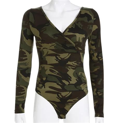 Camo Print Casual Long Sleeve Body V Neck Camouflage Sexy Body Women