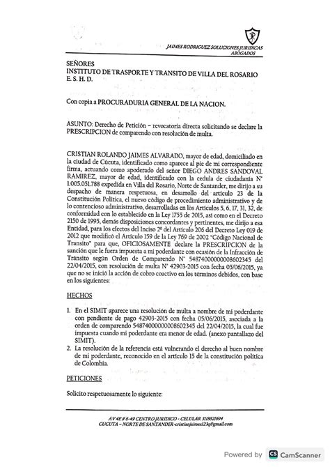 Derecho Petición Exoneracion Comparendo Por Prescripción Diego Andrés