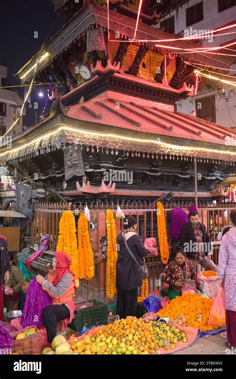 Nepal Kathmandu Asan Tol Bazar Temple People Tihar Festival Stock