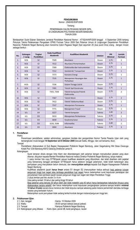 Pdf Pengumuman Polban Ac Id Filepenerimaan Calon Pegawai Negeri