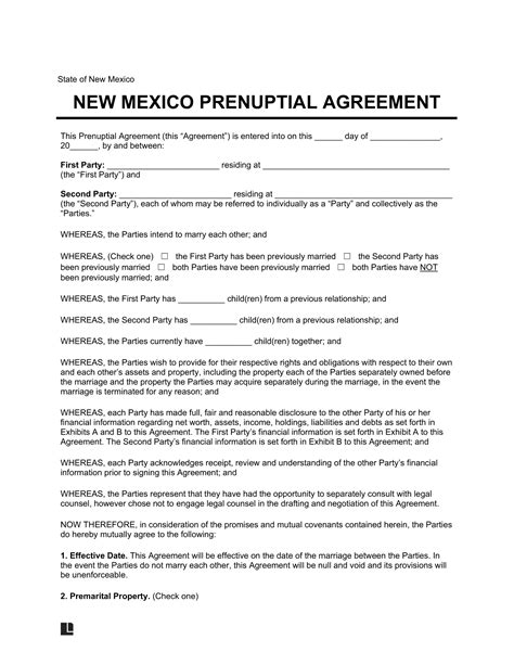 Free New Mexico Prenuptial Agreement Template PDF Word