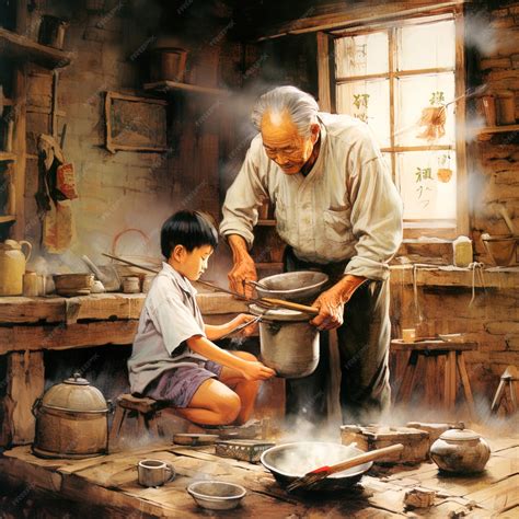 Premium Photo | An old man and a boy cooking in a kitchen with an old ...