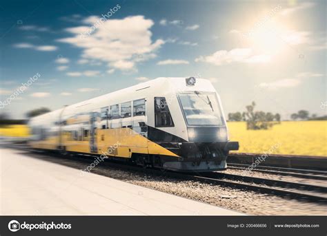 Modern High Speed Train Clear Day Motion Blur Landscape Passenger