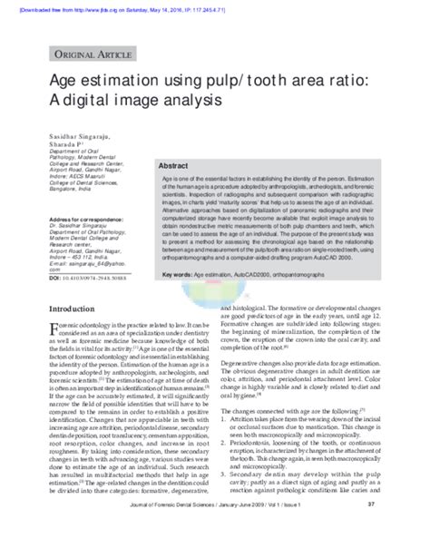 Pdf Pulp Tooth Area Ratio For Age Estimation Using Digital Imaging