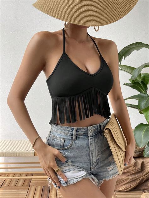 Shein Vcay Top Halter Bajo Con Fleco De Espalda Abierta Con Cord N