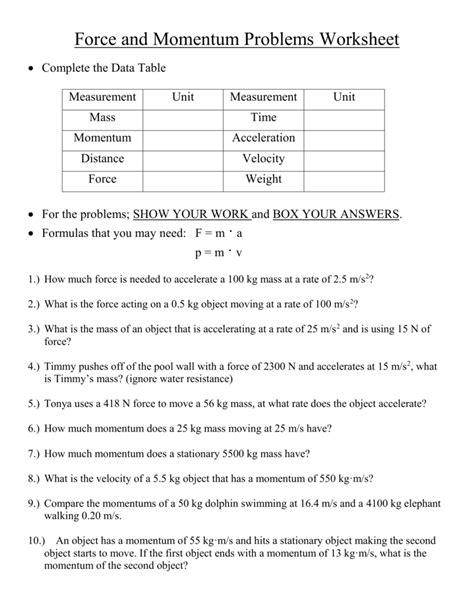 Impulse And Momentum Problems Worksheets