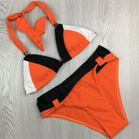 Fashion Women Sexy Orange Splicing Black Edge Back Knot Two Piece Bikini On Luulla