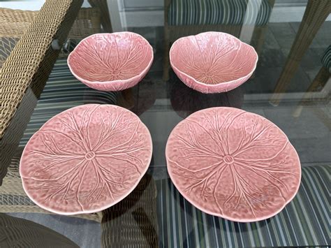 Set Of Bordallo Pinheiro Pink Cabbage Bowls And Plates Vintage Rare