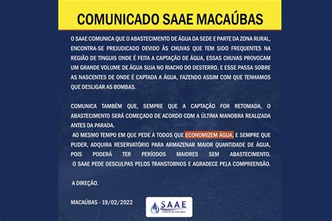 NOTA DO SAAE DE MACAÚBAS SOBRE O ABASTECIMENTO DE ÁGUA Portal de Macaúbas