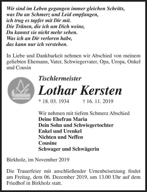 Traueranzeigen Von Lothar Kersten Abschied Nehmen De